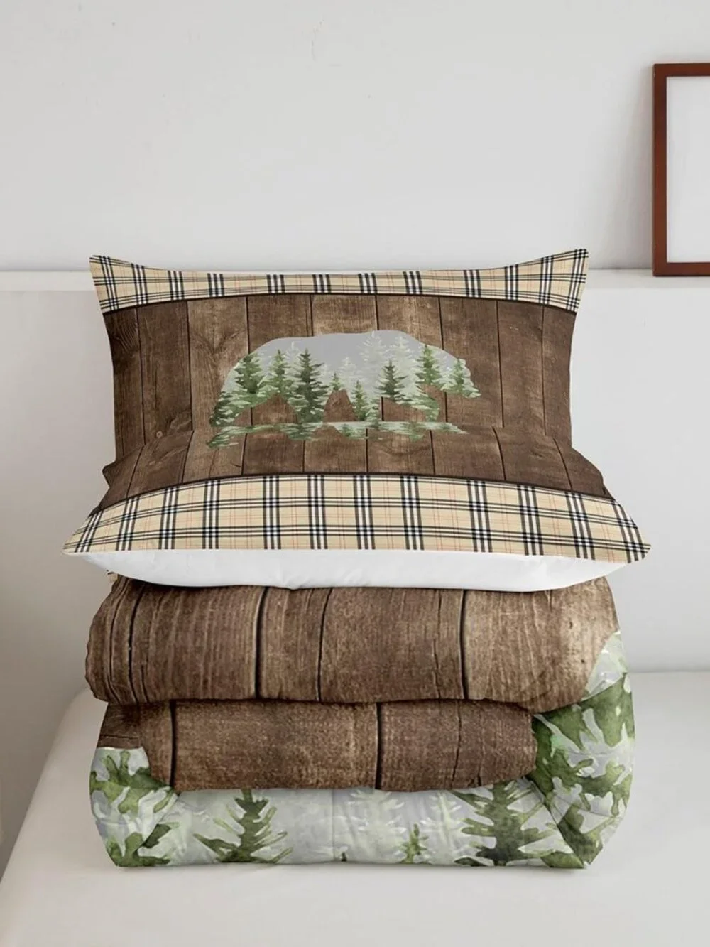 Bear Cabin Comforter Set Vintage Plaid Brown Wooden Stripes Bedding Set for Kids